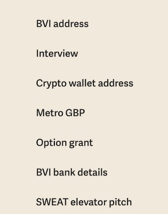 A list of saved email snippet names: BVI address, Interview, Crypto wallet address, Metro GBP, Option grant, BVI bank details, SWEAT elevator pitch.