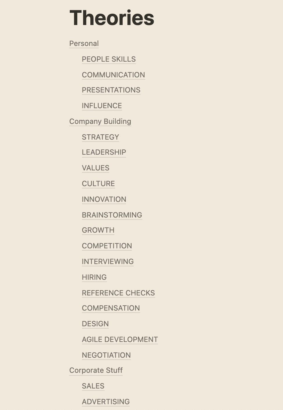 A Notion page headed Theories, listing categories under Personal, Company Building and Corporate Stuff, including People Skills, Strategy, Leadership, Hiring, Negotiation and Sales.